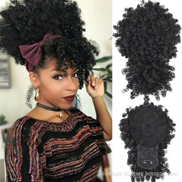 Afro Puff Hair Pieces For Women Short Kinky Curly Chignon With Bangs Drawstring Ponytail Synthetic Hair Bun Extensions